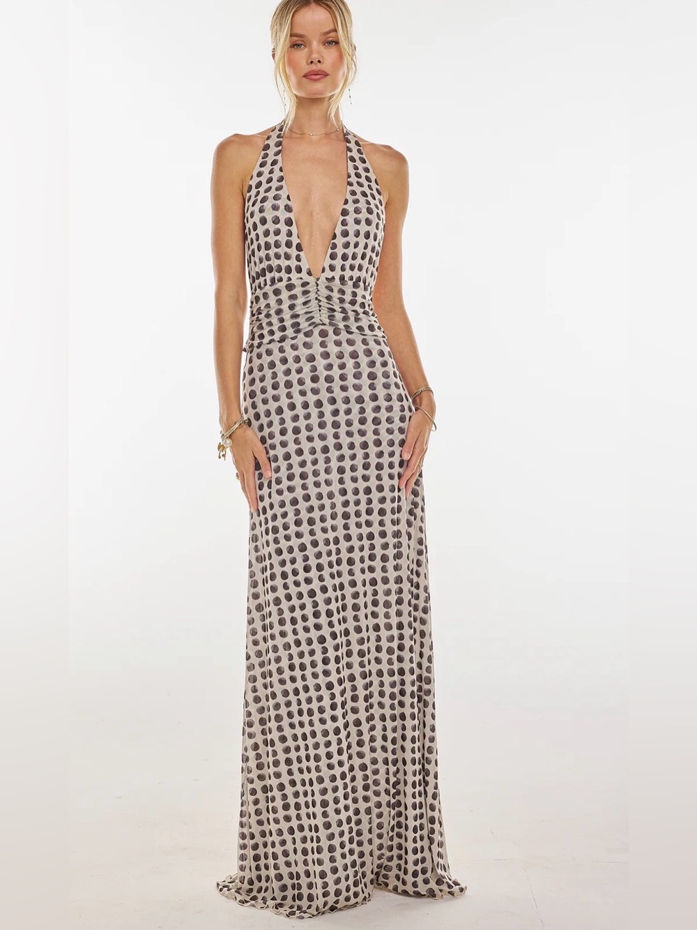 RESA Taupe and Black Polka Dot Halter Maxi Dress
